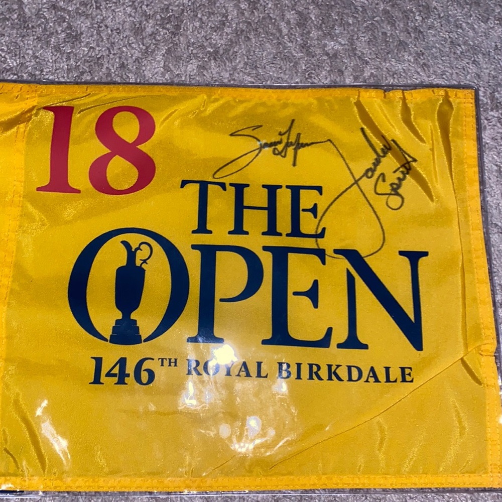 Hand signed Jordan Spieth and Jason Dufner The Open Flag